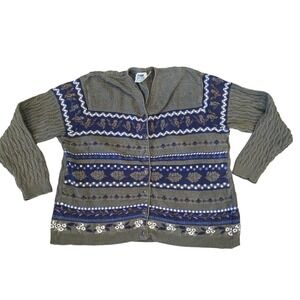 Northern Reflections Vintage Owl Floral Cable Knit Cardigan Sweater Green XL